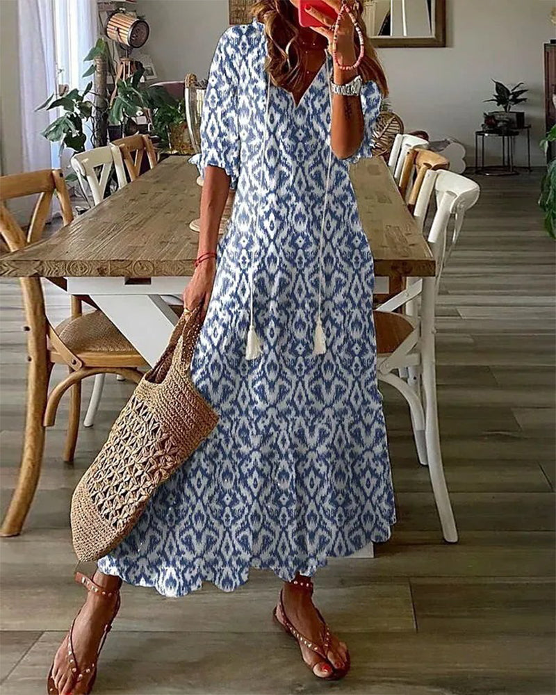 Boho Vintage V-hals Jurk met Print