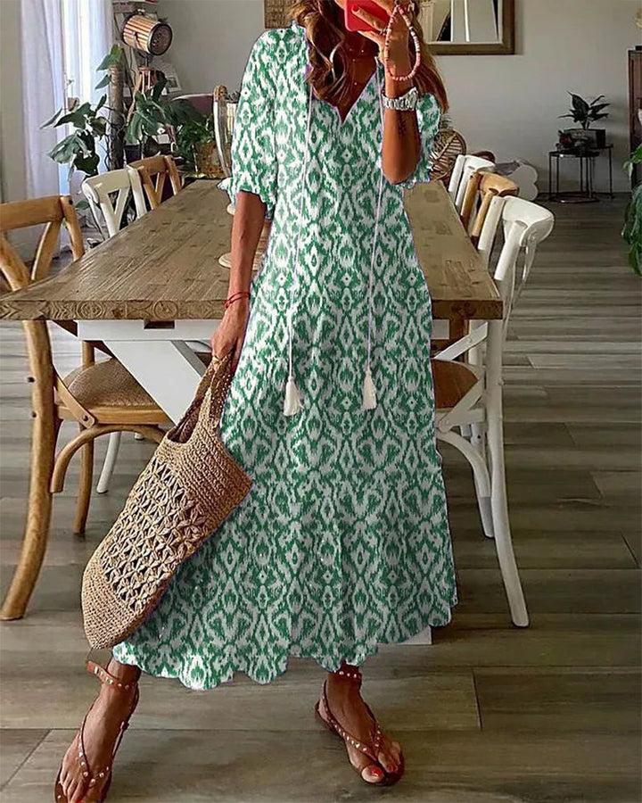 Boho Vintage V-hals Jurk met Print