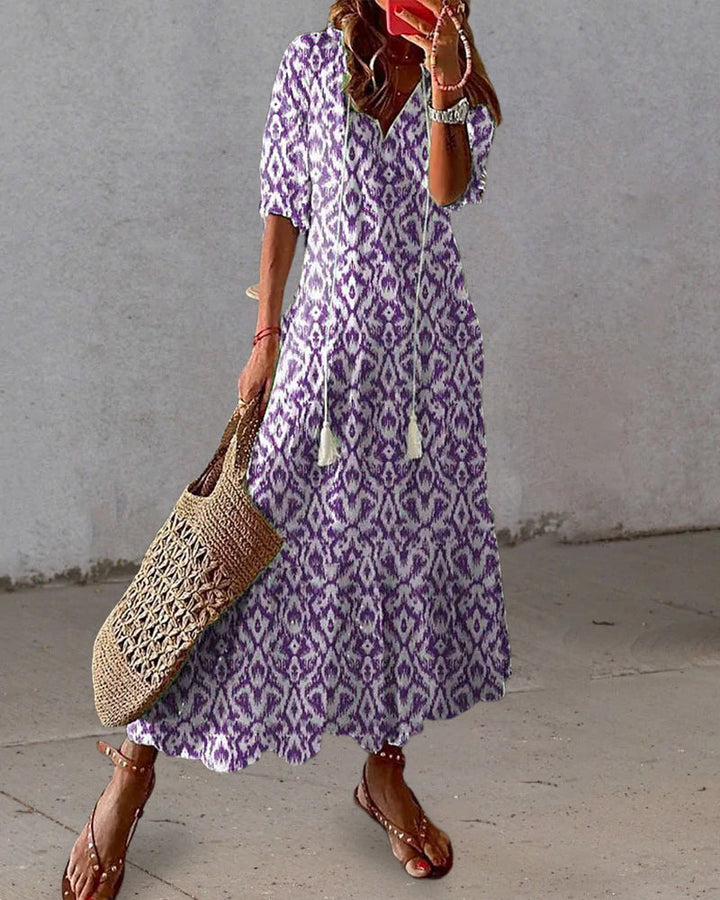 Boho Vintage V-hals Jurk met Print