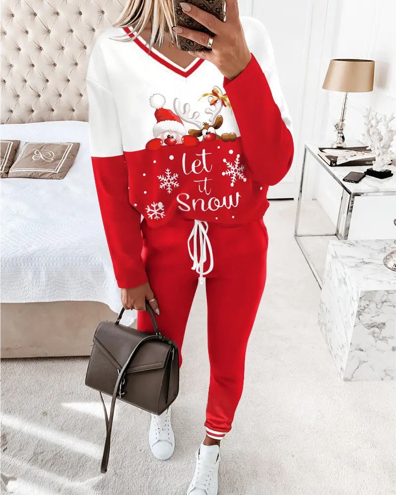 Casual V-hals set met kerstprint