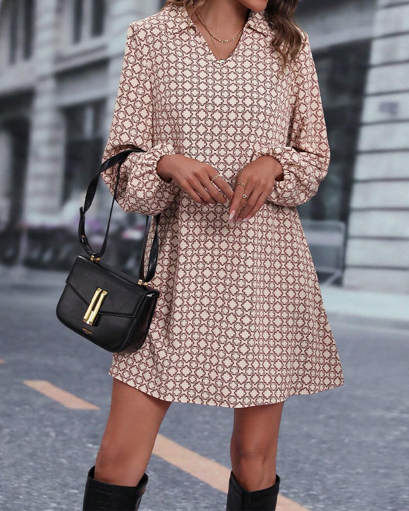 Printed Jurk met Revers en Lange Mouwen