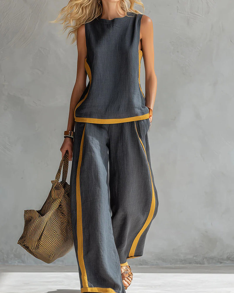 Mouwloze casual kleurblok tweedelige set