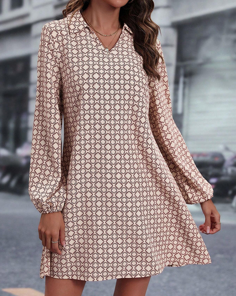 Printed Jurk met Revers en Lange Mouwen