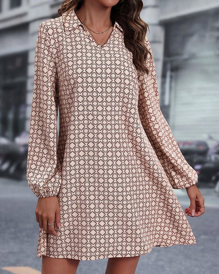 Printed Jurk met Revers en Lange Mouwen
