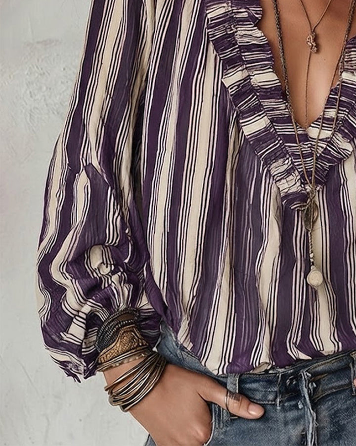Diepe V Verticaal Gestreepte Losse Blouse