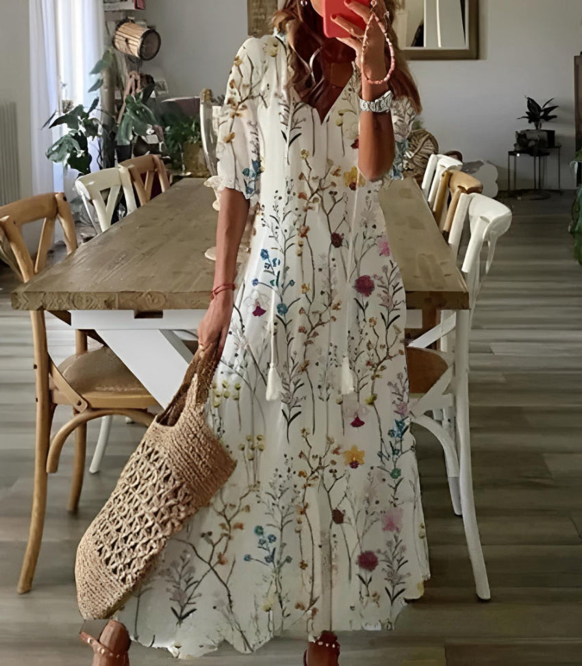 Boho Vintage V-hals Jurk met Print