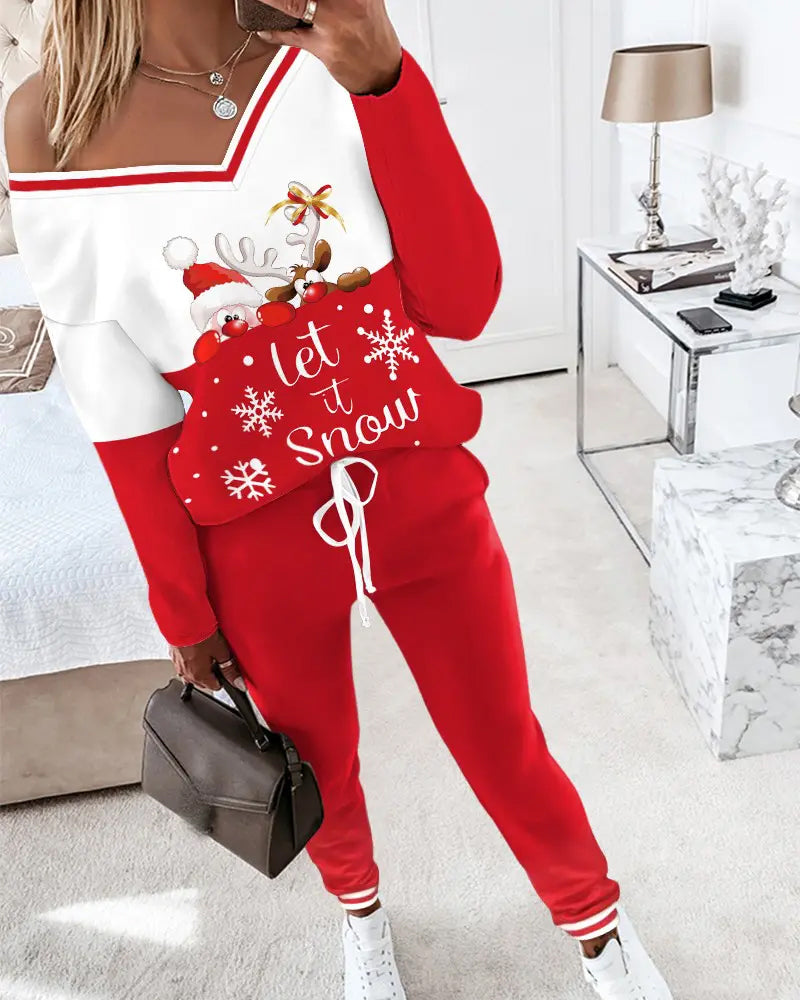 Casual V-hals set met kerstprint