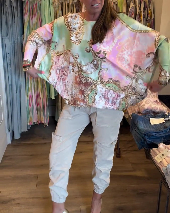 Print Loose Drop Shoulder Long Sleeve Top