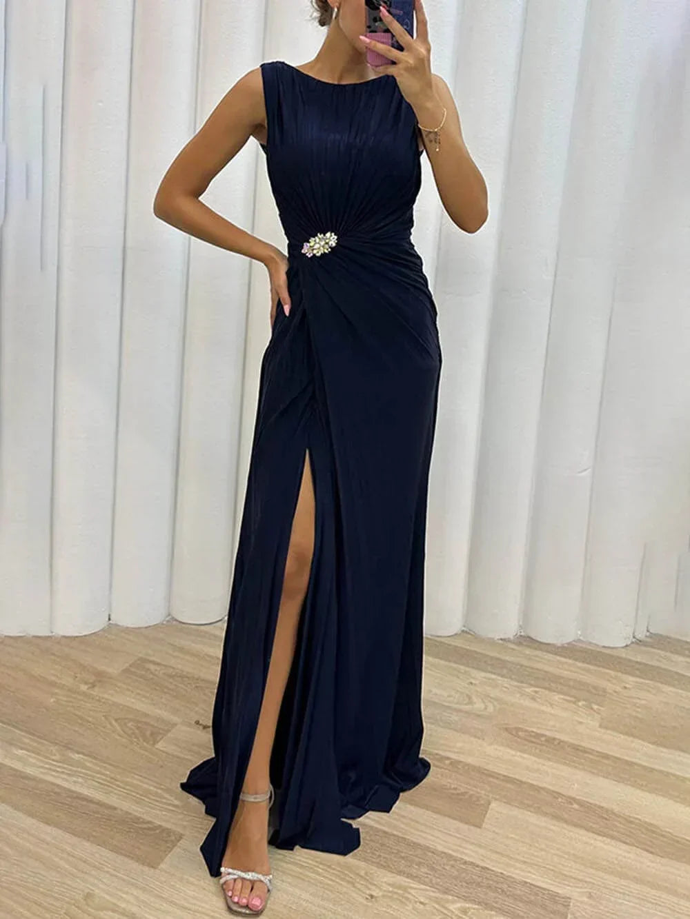 Elegante geplisseerde lange avondjurk