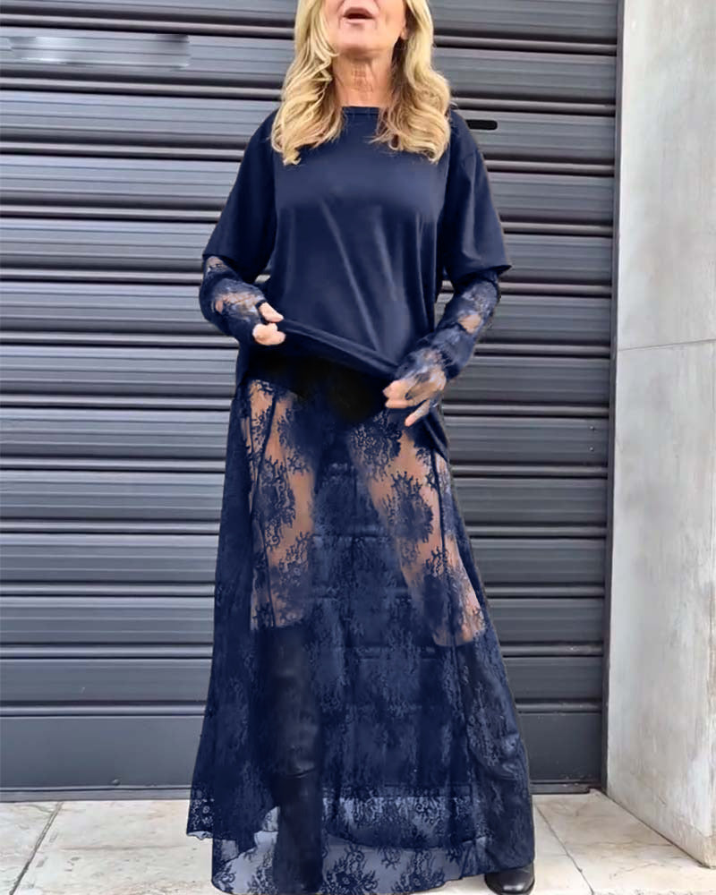 Tweedelige set - effen T-shirt en kanten rok