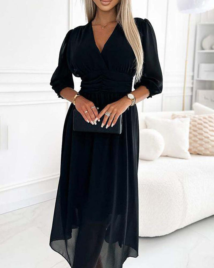 V-hals Jurk in Effen Kleur met Taille
