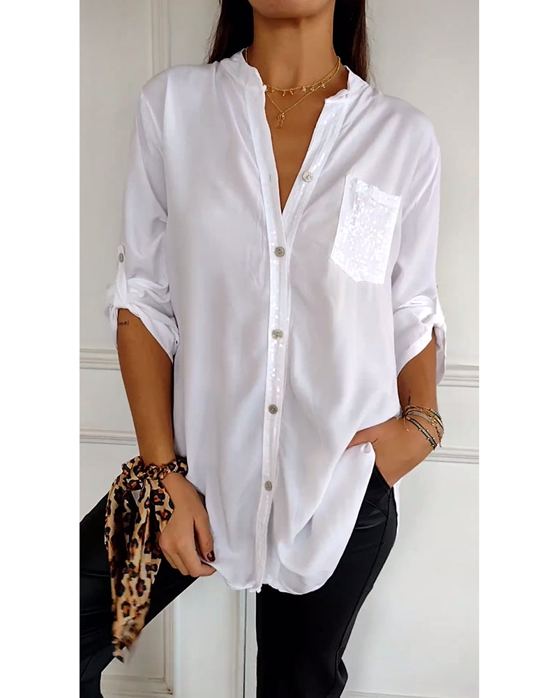 Casual top met sequin-panelen en knoopjes