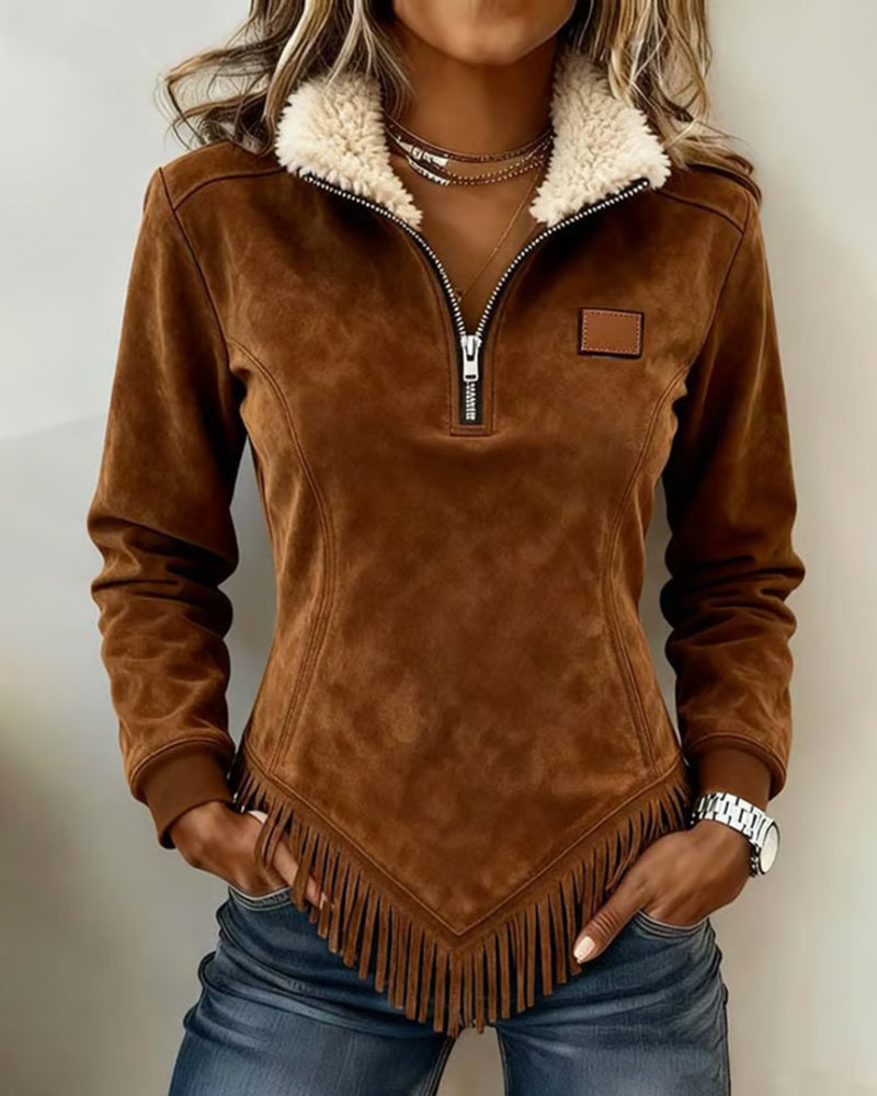 Half-Zip Asymmetrische Fringe Sweatshirt