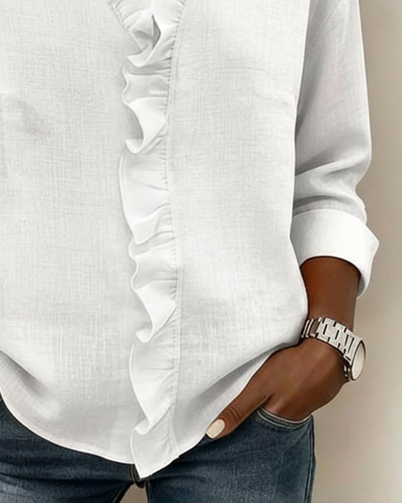 Ruffle V-hals blouse met lange mouwen