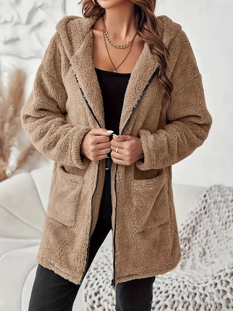 Elegante Plush Hooded Coat met rits en opgestikte zakken voor dames