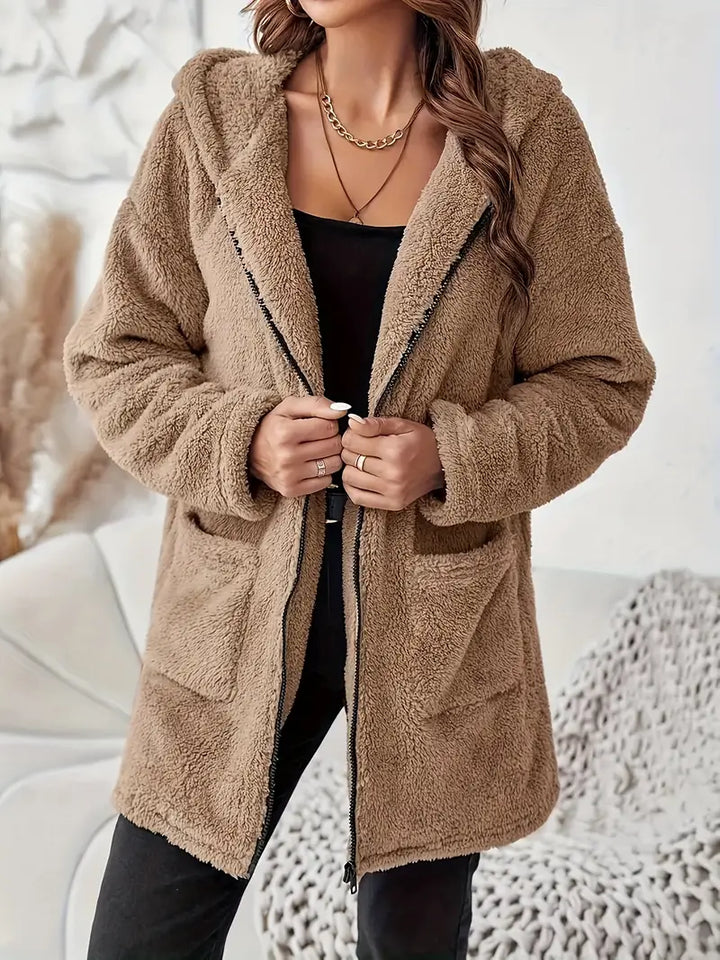 Elegante Plush Hooded Coat met rits en opgestikte zakken voor dames