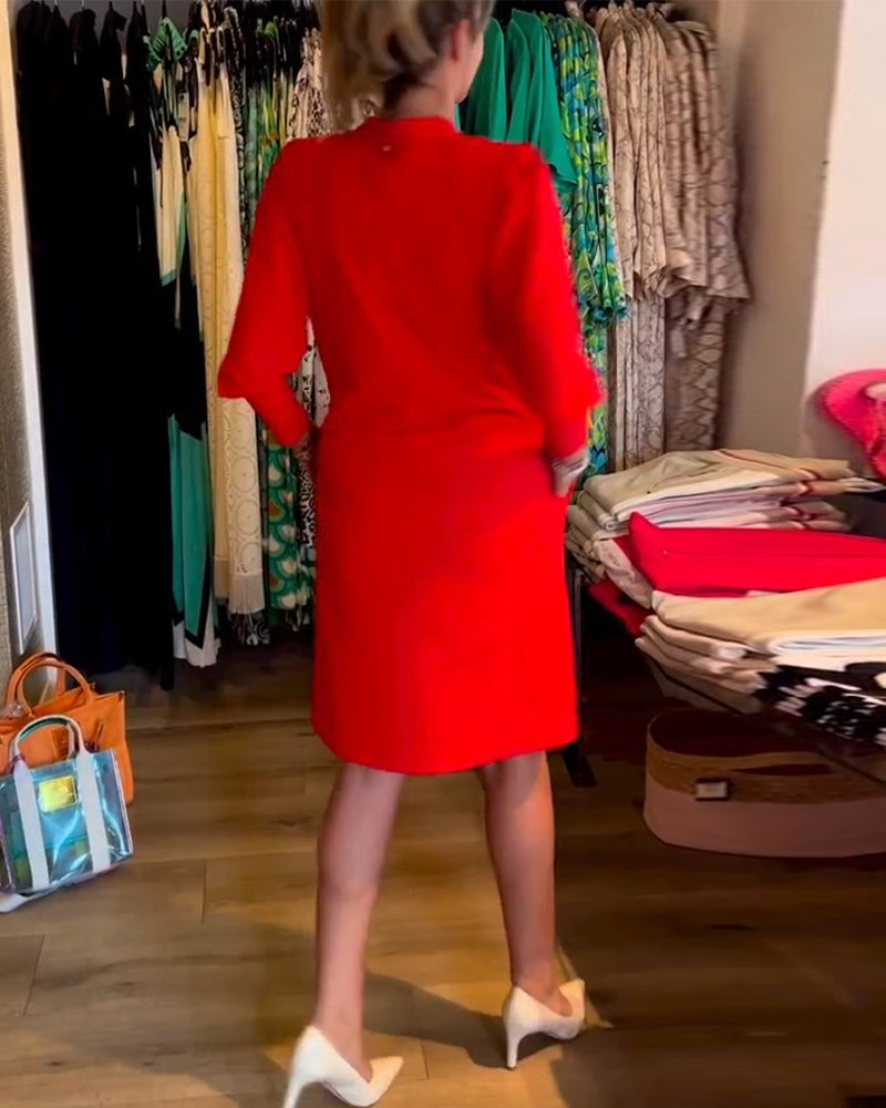 Effen kleur V-hals lange mouw jurk