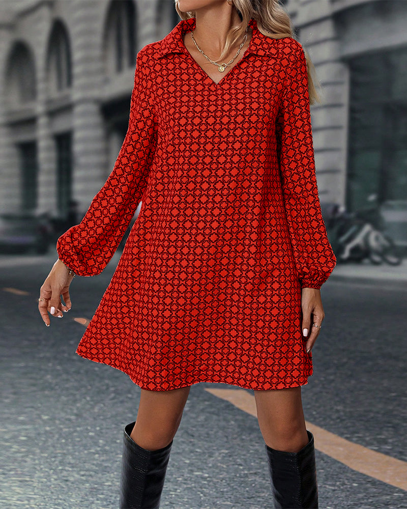 Printed Jurk met Revers en Lange Mouwen