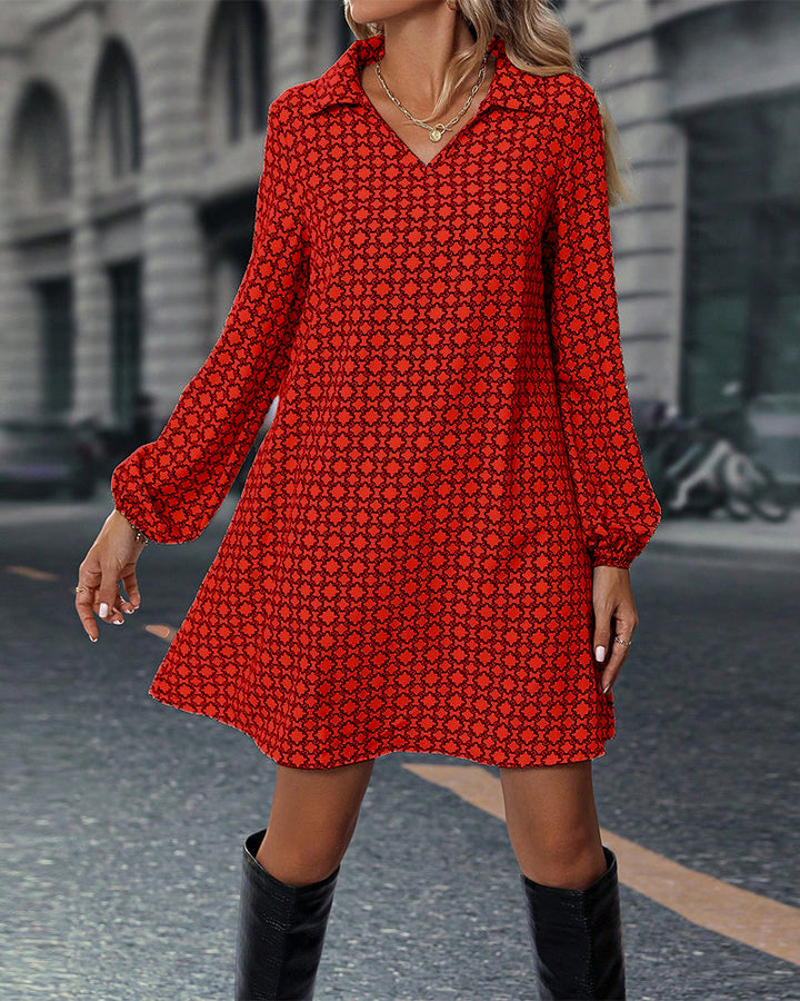 Printed Jurk met Revers en Lange Mouwen