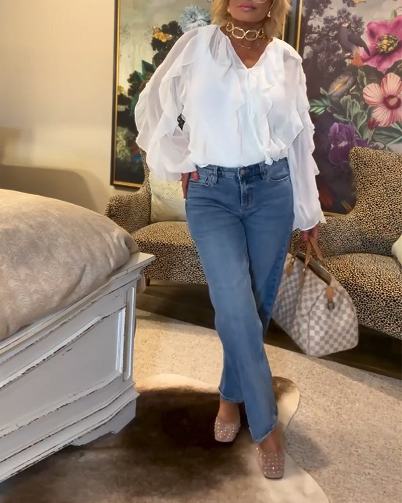 Vloeiend Effen Shirt met Ruffles