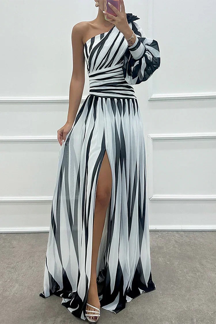 Elegante Gestreepte One Shoulder Maxi Jurk