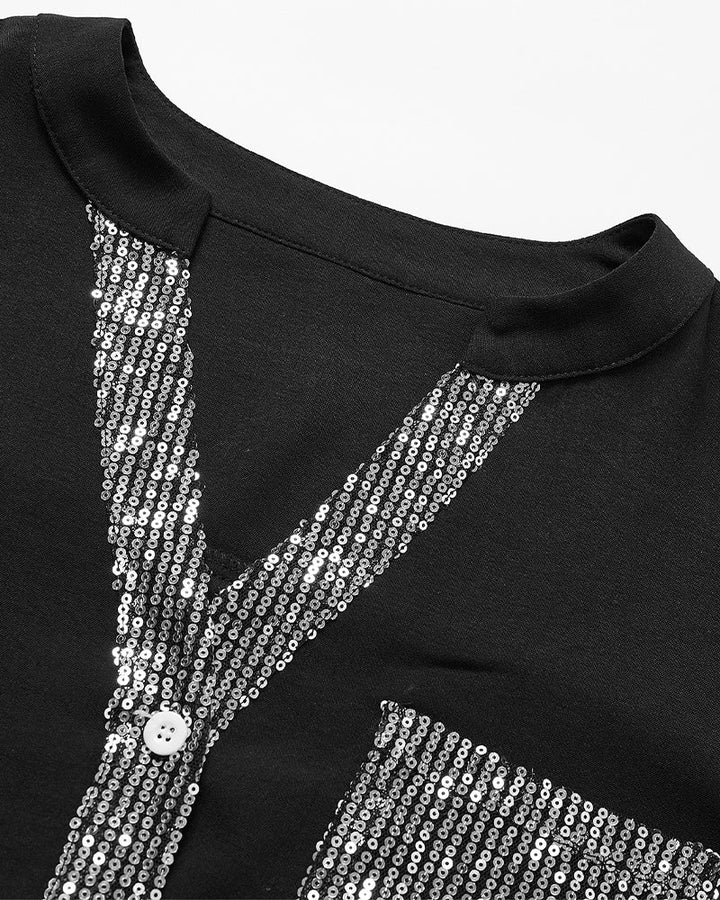 Casual top met sequin-panelen en knoopjes