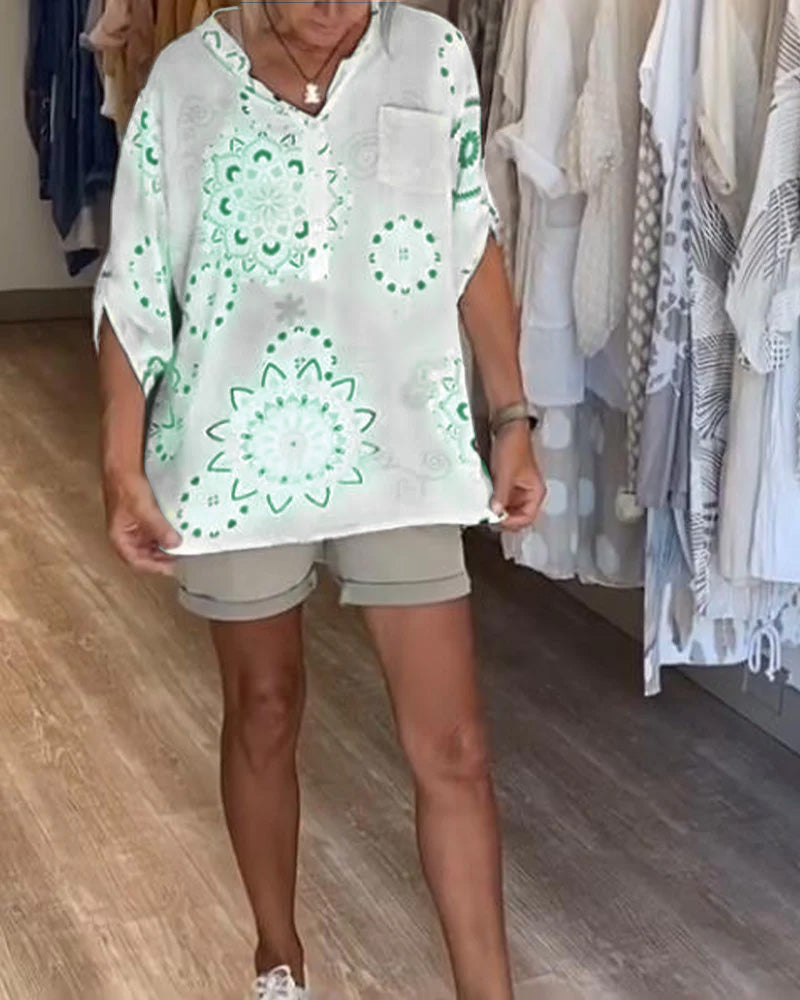 Veelzijdige V-Neck Printed Half Sleeves Blouse