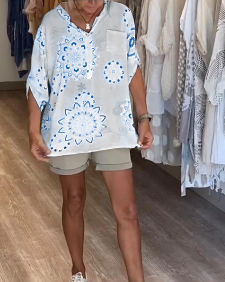 Veelzijdige V-Neck Printed Half Sleeves Blouse