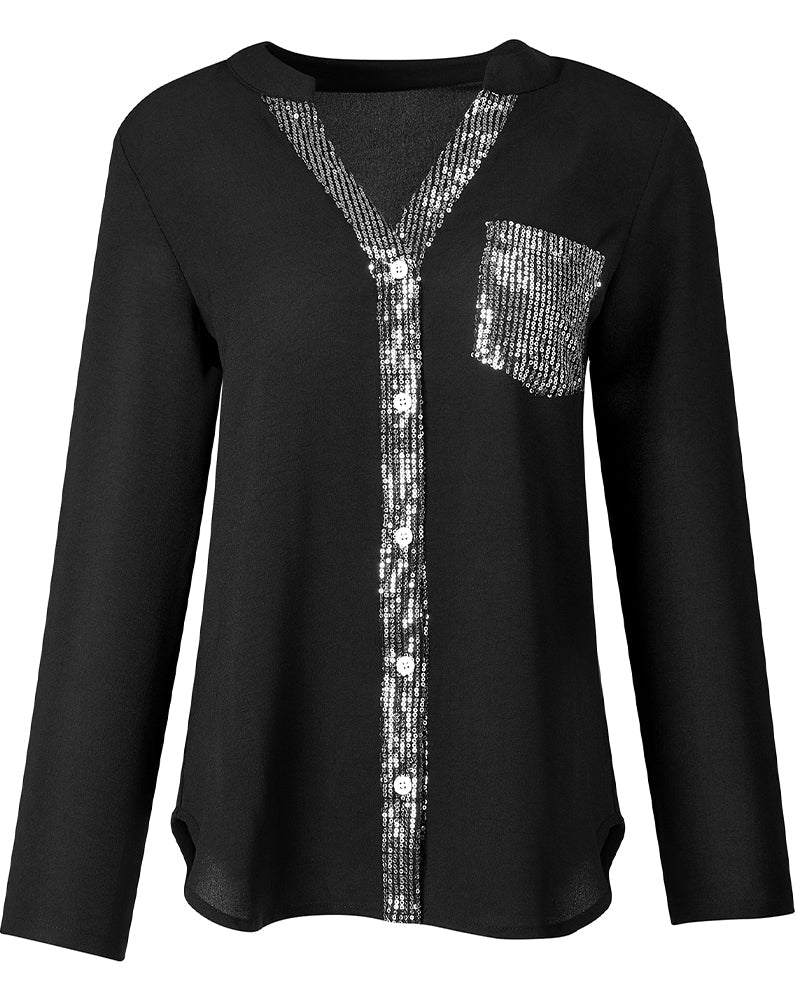 Casual top met sequin-panelen en knoopjes