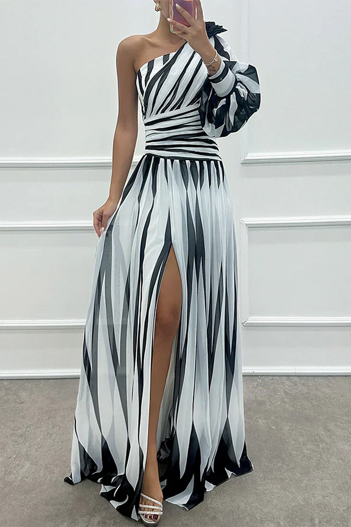 Elegante Gestreepte One Shoulder Maxi Jurk