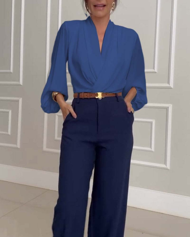 Modieuze effen V-hals blouse met lampionmouwen
