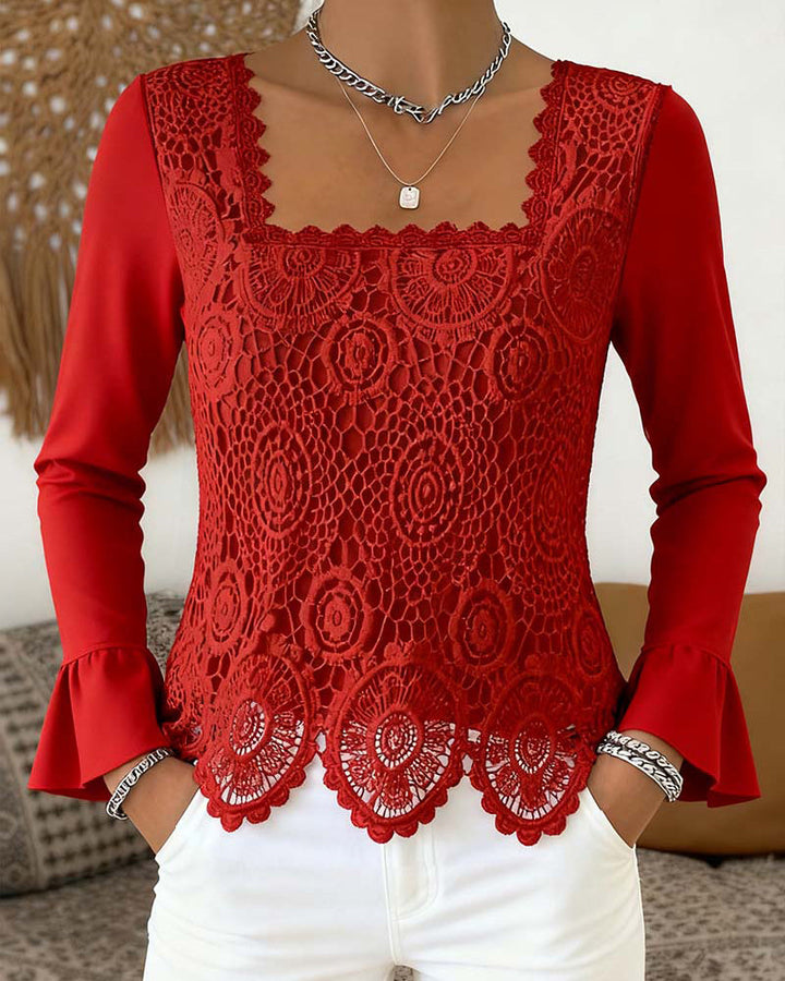 Gehaakte Patchwork Blouse met Wijde Hals