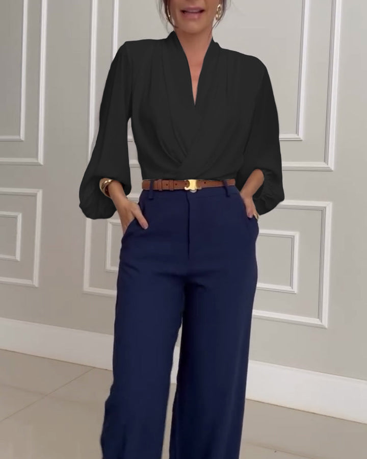 Modieuze effen V-hals blouse met lampionmouwen