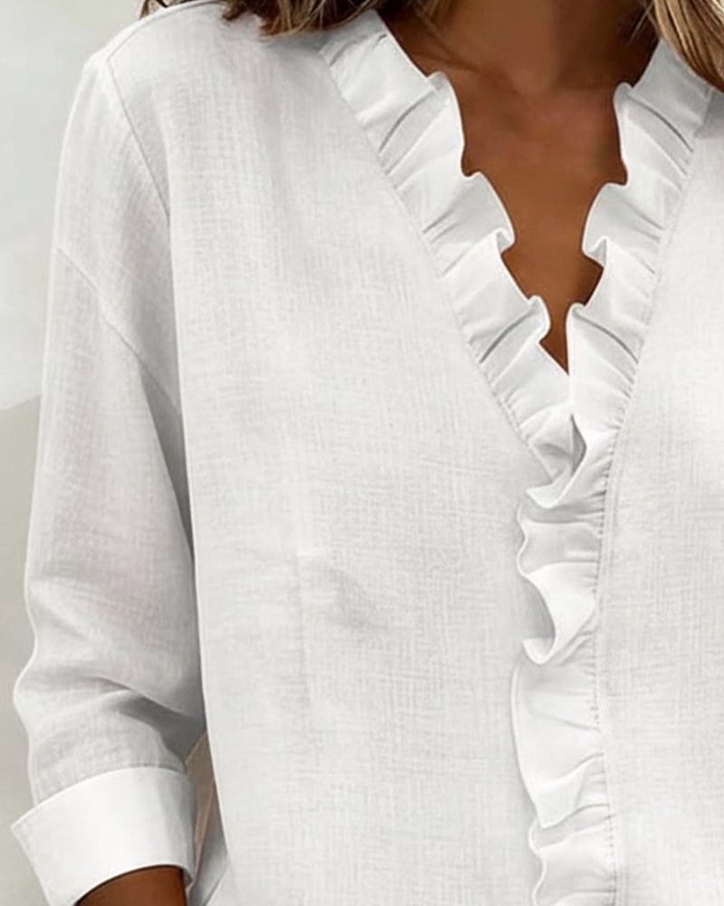 Ruffle V-hals blouse met lange mouwen