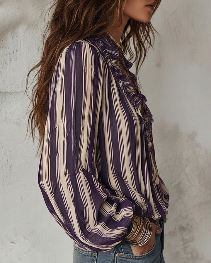 Diepe V Verticaal Gestreepte Losse Blouse