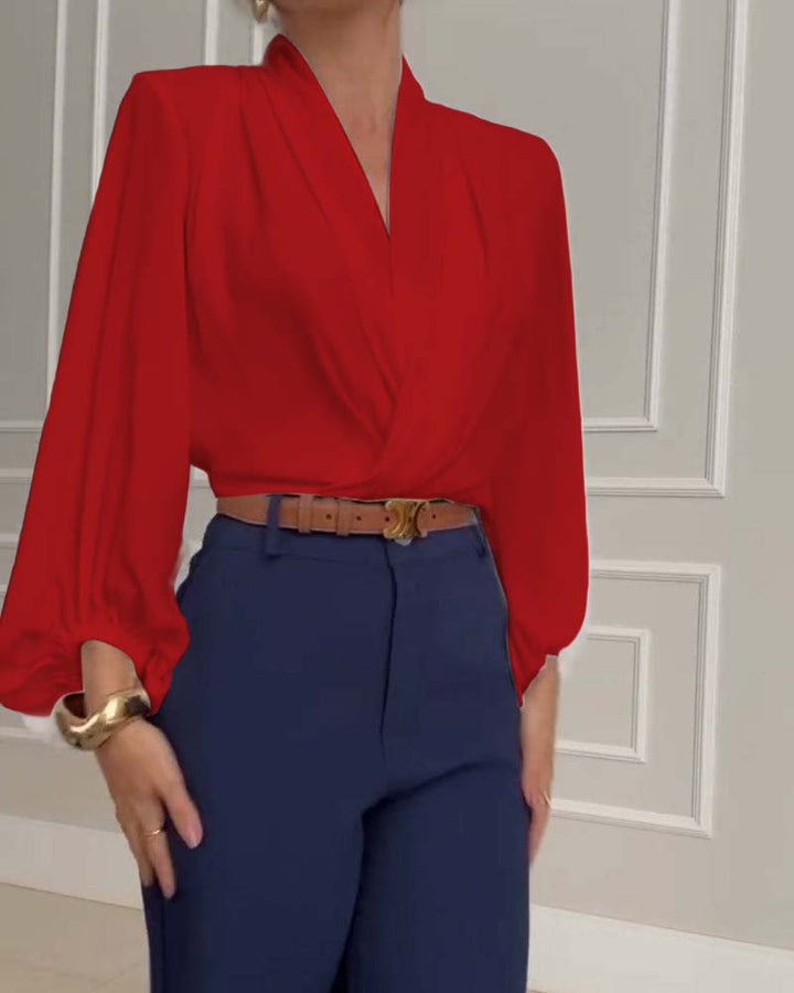 Modieuze effen V-hals blouse met lampionmouwen