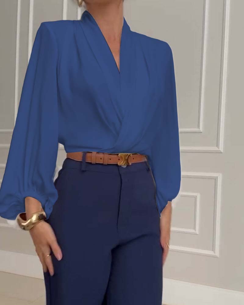 Modieuze effen V-hals blouse met lampionmouwen