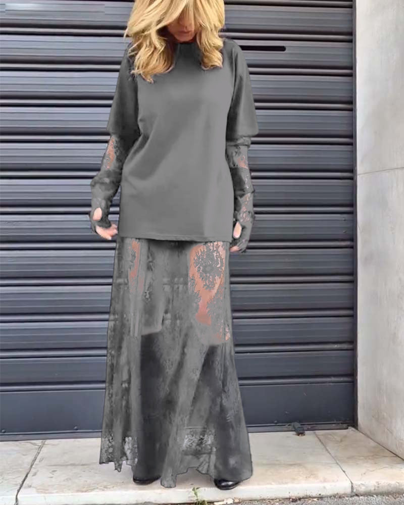 Tweedelige set - effen T-shirt en kanten rok
