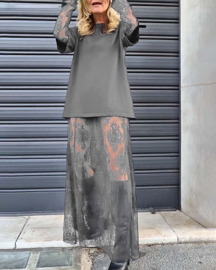 Tweedelige set - effen T-shirt en kanten rok
