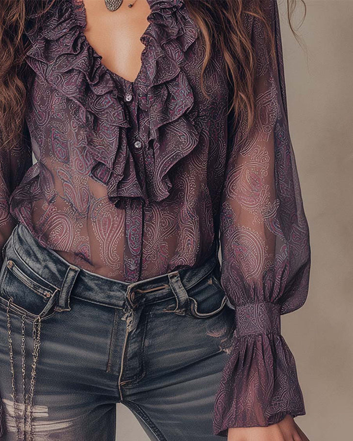 Blouse met pofmouwen en lotusprint