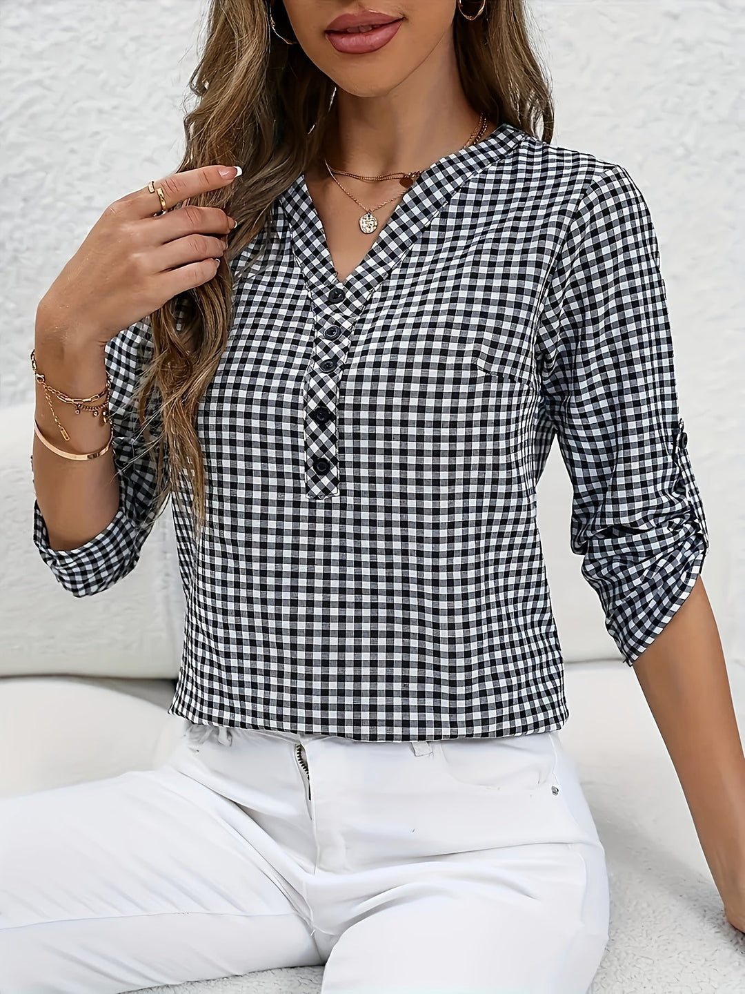 Elegante V-hals Ruitjesblouse
