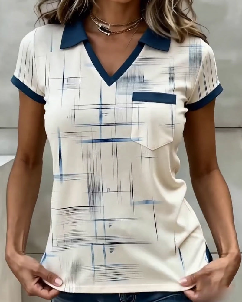 V-hals Top met Print en Color-blocking