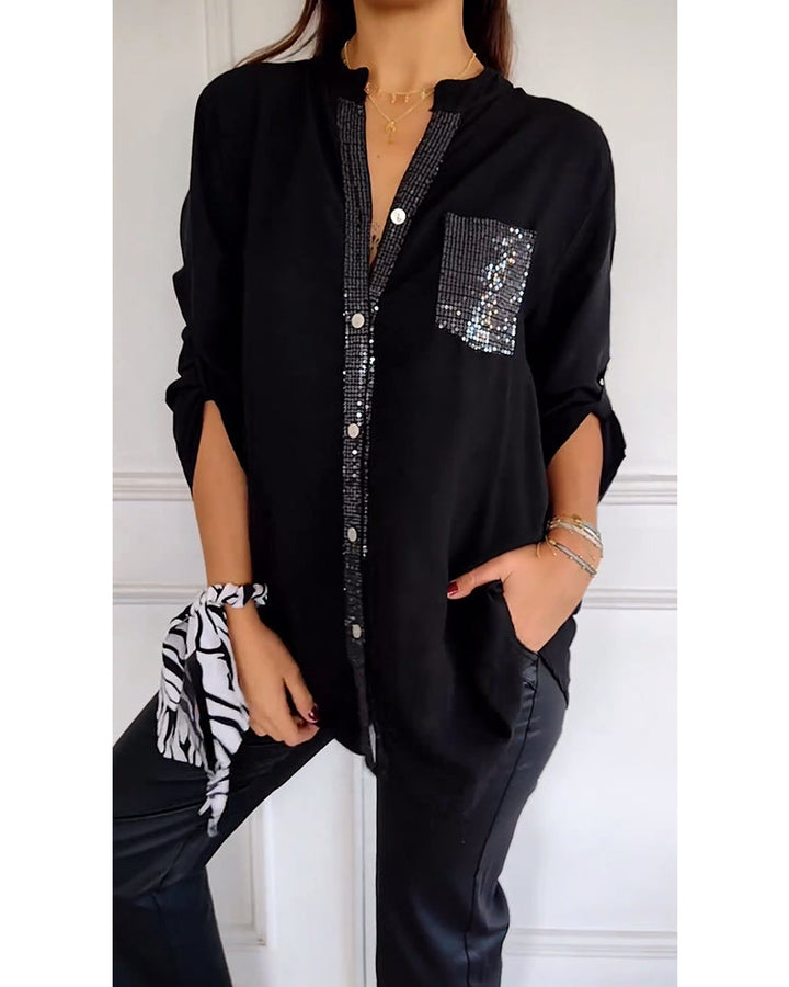 Casual top met sequin-panelen en knoopjes