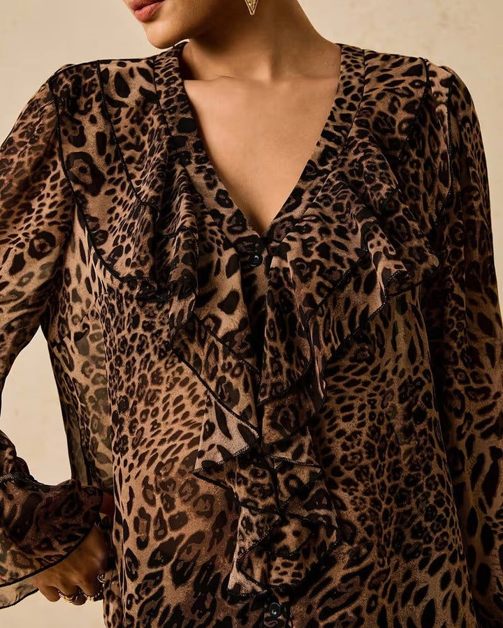 V-hals blouse met ruches en luipaardprint