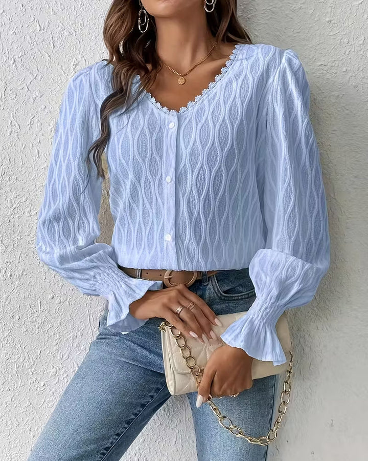 Elegante Jacquard Blouse met Ruches aan de Mouwen