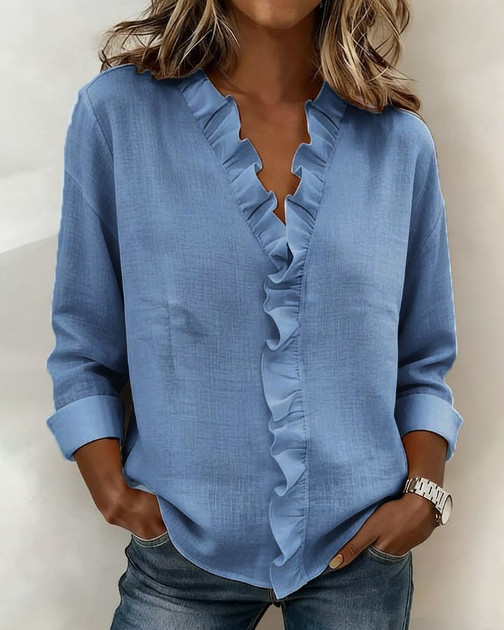 Ruffle V-hals blouse met lange mouwen