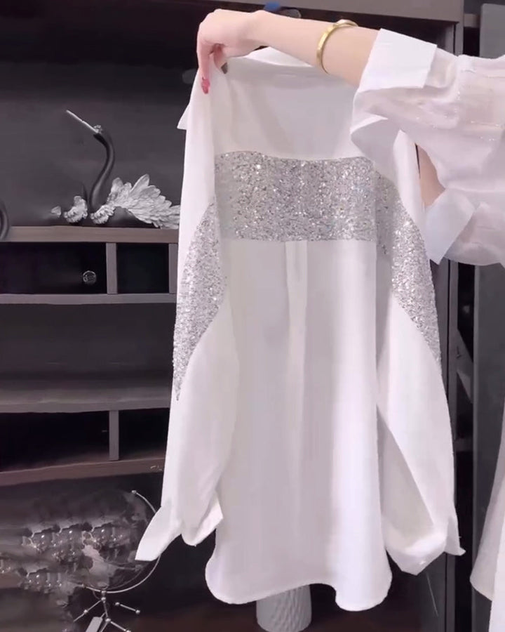 Shirt met lange mouwen, pailletten en revers