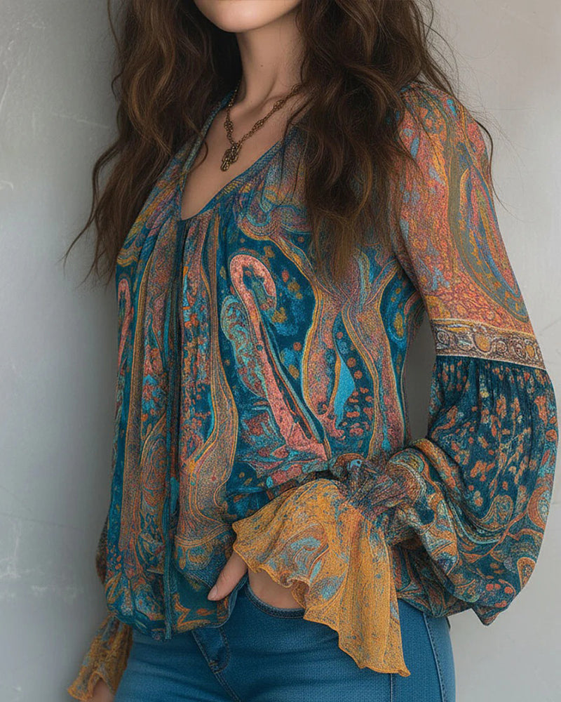 Boheemse Stijl Blouse met V-hals en Wijdere Mouwen