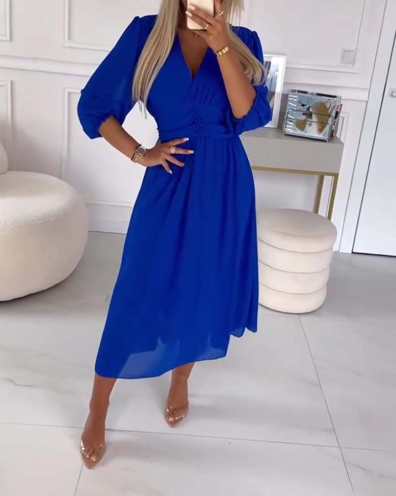 V-hals Jurk in Effen Kleur met Taille