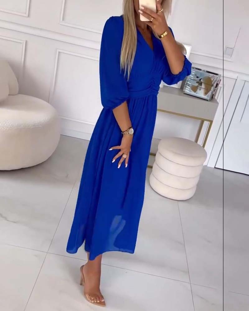 V-hals Jurk in Effen Kleur met Taille